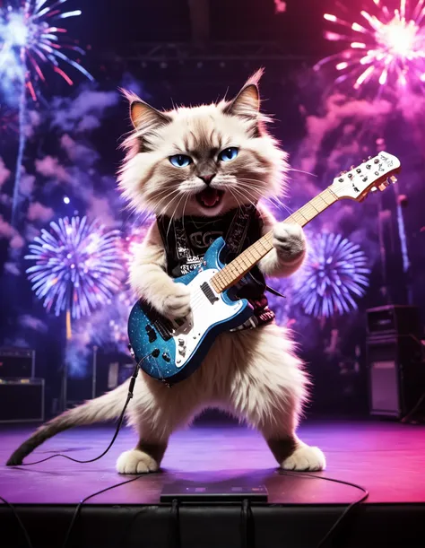 Three an anthropomorphic fluffy Siamese cat dressed as a rock musician playing an electric guitar on stage, in the background a plasma screen with the inscription "ROCK CAT", fireworks on stage, view from the auditorium, audience watching a concert, expression, live stage