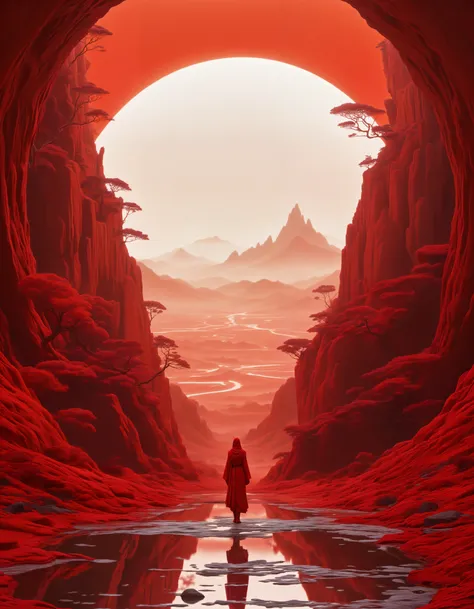 Hyperrealism, Moebius Anime Wayfu, full body, view from below, intricate details, red, Mysterious, beautiful environment, mistic landscape