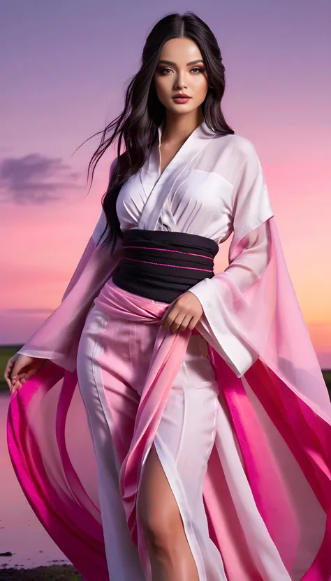 full body, dynamic pose, professional 3d model , 3d printed fit romantic enchanting feminine 23 year old (Icelandic:1.1) woman with long jet black hair, brown eyes, (makeup, eyeliner, eyeshadow, lipstick:0.9), coy seductive cyborg companion, dressed in a gradient-colored Hanfu, the hem transitioning from a delicate pink to a deep violet, as beautiful as a summer twilight. Her long hair gently cascades over her shoulders, adorned with exquisite silver hair accessories. In her hand, she holds a blooming lotus flower, its pink and white petals swaying gently in the breeze, emitting a faint fragrance. Her eyes are clear and soft, with a slight upturn at the corners of her mouth, as if admiring the lotus in her hand or reminiscing about a beautiful moment.,figure, ornate and intricate , inner biocore,highly detailed translucent skin with hair, translucent, perfect female body, wide hips:1.5, medium perky breasts, cleavage, hdr, smooth, sharp focus, high resolution, award winning photo, 80mm, f2.8, bokeh, tropical environment, octane render, highly detailed, volumetric, dramatic lighting,ethereal forest with enchanted flora and fauna in a mystical and magical setting