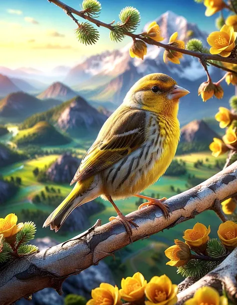 vibrant colors, extreme closeup, 3d hyperreal yellow finch perched on branch, 8k, planetary mountains background, professional photography,