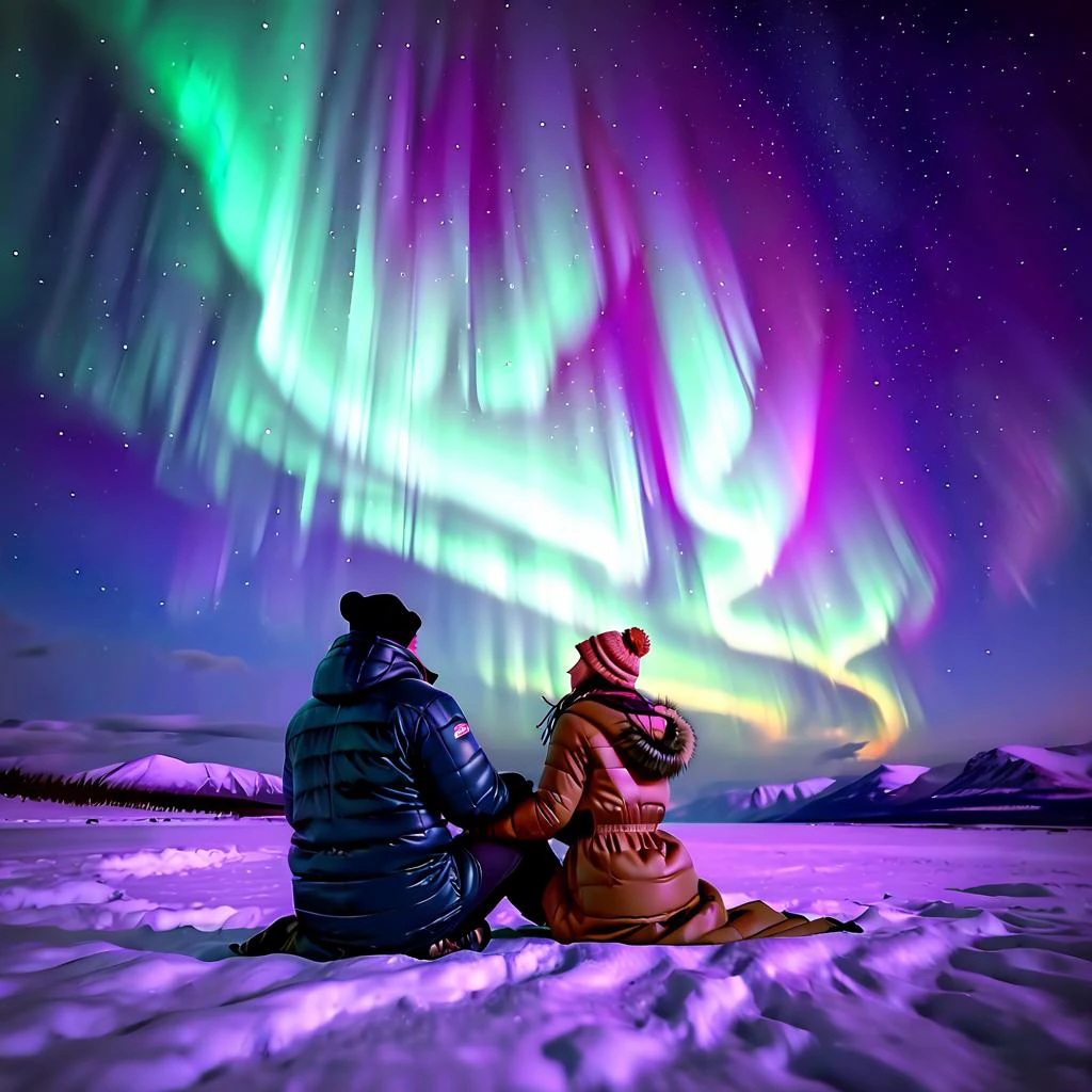 A couple in winter attire, sharing a moment under the Northern Lights, the colors vibrant in the sky above them, their expressions one of wonder and intimacy, the scene magical and romantic.