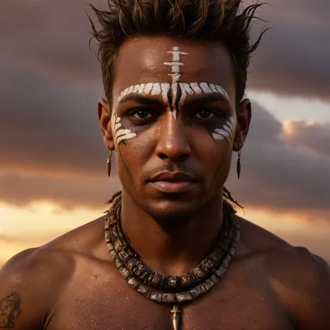 Scary, intricate African tribal makeup, war paint. piercing clear light eyes. national geographic photo award, detailed hair. muscular African warrior, with painted chest and face. rustic, Proud. spear, full length portrait. Intricate. Detailed.. skin texture visible. Wrinkles. Sahara. rich dark stormy sunset.clouds. Shallow depth of field. Intense. color. looking at camera. Prefect hands. Shadow play.