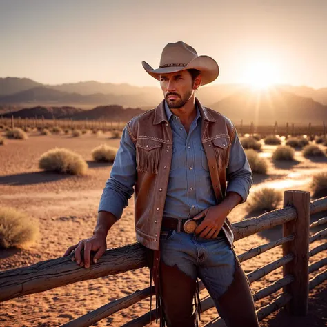 A rugged man in cowboy attire leaning against a wooden fence, a sprawling desert landscape behind him, the setting sun casting long shadows, his gaze intense and thoughtful.