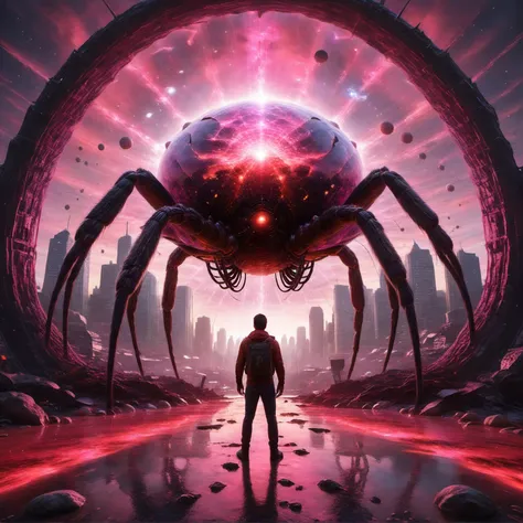 Space_In_Shell, psychodelic,in a space, man standing next to a giant spider monster, city background, a portal to another dimension in the background, red colors palette