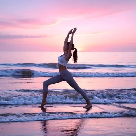 A serene beach scene at sunrise, a young woman in a yoga pose on the shore, the sky a canvas of soft pinks and blues, the sound of waves gently crashing, her expression one of peace and contentment.