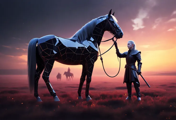 An amber and black striped Horse Made out of pieces_of_broken_glass. Clear Outline in Black. Strong Contrast. Cinematic., Broken Glass effect, in the juycy grass field, stunning, something that even doesn't exist, mythical being, energy, molecular, textures, iridescent and luminescent scales, breathtaking beauty, pure perfection, divine presence, unforgettable, impressive, breathtaking beauty, Volumetric light, auras, rays, vivid colors reflects, bright morning sky, (The dark elf shepherd is next to the horse, holding a pipe in his hands)