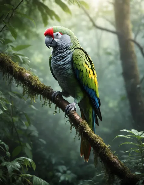 Create a misty forest morning where sunlight filters through the dense foliage, illuminating a parrot bird perched on a branch, surrounded by the quiet beauty of the woodland., Miki Asai Macro photography, close-up, hyper detailed, trending on artstation, sharp focus, studio photo, intricate details, highly detailed, by greg rutkowski