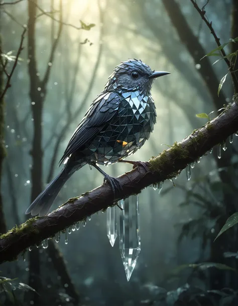 Create a misty forest morning where sunlight filters through the dense foliage, illuminating a diamond bird perched on a branch, surrounded by the quiet beauty of the woodland., Miki Asai Macro photography, close-up, hyper detailed, trending on artstation, sharp focus, studio photo, intricate details, highly detailed, by greg rutkowski, made_of_pieces_broken_glass