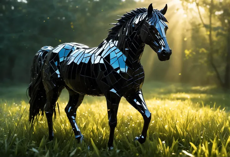An amber and black striped Horse Made out of pieces_of_broken_glass. Clear Outline in Black. Strong Contrast. Cinematic., Broken Glass effect, in the juycy grass field, stunning, something that even doesn't exist, mythical being, energy, molecular, textures, iridescent and luminescent scales, breathtaking beauty, pure perfection, divine presence, unforgettable, impressive, breathtaking beauty, Volumetric light, auras, rays, vivid colors reflects, bright morning sky