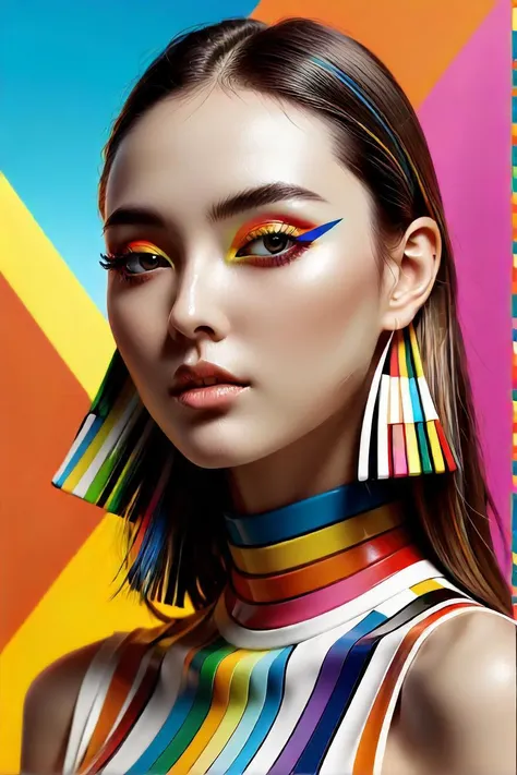 (fantasy digital artwork style:1.2), joan bourke spring/summer 2016 campaign, in the style of okuda san miguel, colorful fashion photography, saturated stripes, matte photo, vibrant colors and angelic, sandara tang, made of rubber , (atmosphere), coherent, continuity, epic, sharp lines, (brushed colors), ultra sharp lines, fine color lines, stunning render, [trending on cgsociety ]!!