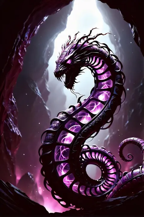 in the midst of a vast, black expanse, a creature of mythical stature begins its ascent. its body, a brilliant purple hue, spirals upwards like a twisting serpent made of living, glowing jewels. it emerges from the darkness, casting an ethereal glow that illuminates the void. the creature's journey is not solitary, for it carries with it the echoes of times long past. as it climbs, stories and legends swirl around it, whispering tales of ancient kingdoms and forgotten heroes. the wind dances through these tales, weaving them into the creature's path like a tapestry of memories. at every twist and turn, the creature leaves behind fragments of itself, shedding pieces of its own brilliance to pave the way forward. as it ascends higher and higher, the fragments become a trail of light, a testament to the creature's perseverance and the power of its spirit. despite the darkness that surrounds it, the creature does not falter. it continues its climb with determination and grace, each step taking it closer to the stars. and when it reaches the peak of its ascent, it will cast aside the last remnants of its past and bask in the glory of its own radiance. but even as it reaches the summit, the creature knows that it cannot stay there forever. for life is a cycle, one of constant movement and change. so, with a final burst of energy, it plunges back down into the depths of the void, ready to rise again and continue its journey towards the heavens.