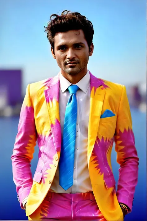 in this image, a man with dark hair and an intriguing gaze is standing confidently in front of a vibrant blue backdrop. he's dressed in a colorful tie dye suit that explodes with hues of pink, blue, yellow, and purple, adding to the lively atmosphere of the scene. his attire is complemented by a crisp white shirt and a yellow tie, creating a striking contrast against his colorful suit. a gold watch adorns his wrist, adding a touch of sophistication to his ensemble. behind him, there's a large, eye catching sculpture that resembles a fish or a jellyfish, painted in bright colors that echo the jubilant mood of the setting. the sculpture seems to be made of some kind of soft material, possibly fabric or paper mache, lending a whimsical feel to the scene. the man stands tall and poised, as if ready to take on the world with his vibrant spirit and unstoppable energy. his gaze is directed off to the side, suggesting he might be focused on something or someone just out of view. the overall impression is one of vitality and exuberance, set against a backdrop of creative expression and boundless imagination.