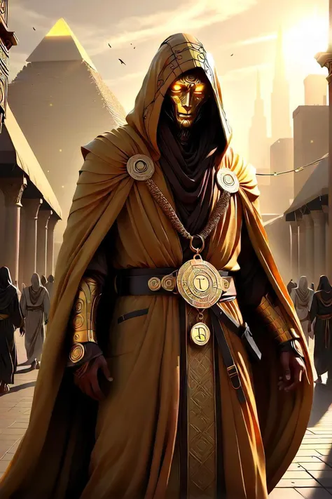 in the vast expanse of a desert city, under the radiant glow of the twin suns, stands a man cloaked in a long robe of brown and gold. his hair is as dark as the shadows cast by the ancient pyramids that surround him. a striking golden medallion hangs from his waist, catching the light with each breath he takes. this man, kael, is a judge, a guardian of justice amidst the sandy plains of this futuristic world. as he strides through the busy market square, the locals part ways to give him space, their faces etched with respect and fear. the golden sash across his chest carries an inscription "justice for all." it's not just a title; it's a promise. in this world where corruption runs rampant, kael has dedicated his life to upholding the law and protecting the innocent. amidst the bustling crowd, there are whispers of those who seek power at any cost. kael's eyes narrow as he notices the shadowy figures lurking in the corners, their intentions hidden behind their masks. with determination etched on his face, kael continues his patrol, ensuring that the city remains safe. every time he looks into the eyes of the people, he sees hope and faith, reminding him why he chose this path. as the day fades into dusk, casting long shadows across the cityscape, kael stands tall, a beacon of justice against the backdrop of corruption. he knows that his journey is far from over, but with every step he takes, he brings the city closer to the ideals of fairness and justice.