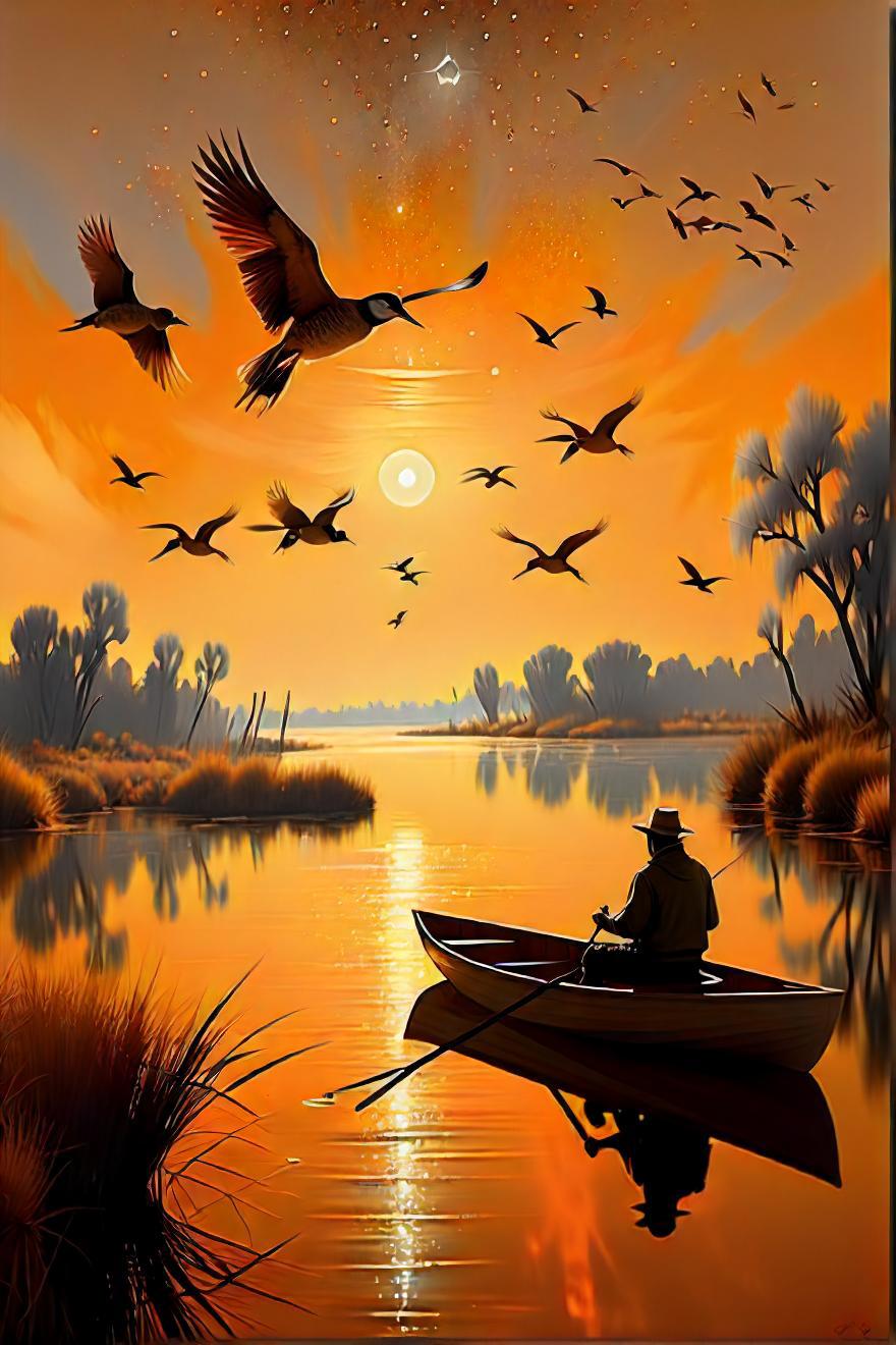 Painting of a man in a boat with birds flying over the water - SeaArt AI