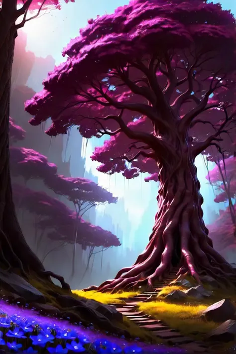 a purple tree in a forest with purple flowers, a digital painting inspired by noah bradley, artstation contest winner, fantasy art, purple trees, fantasy tree, tall purple and pink trees