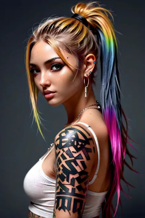 (best quality:1.4),(masterpiece:1.4),(8k:1.4),(extremely detailed:1.4),arafed woman with colorful hair and tattoos on her arm, photorealistic portrait, very thin blonde sexy instagram model, sexy blonde, skinny, black ponytail, /r/razer, chloe price, character headshot portrait, influencer, photo 8 k, colour, hypercolor, full body character portrait image, 2019