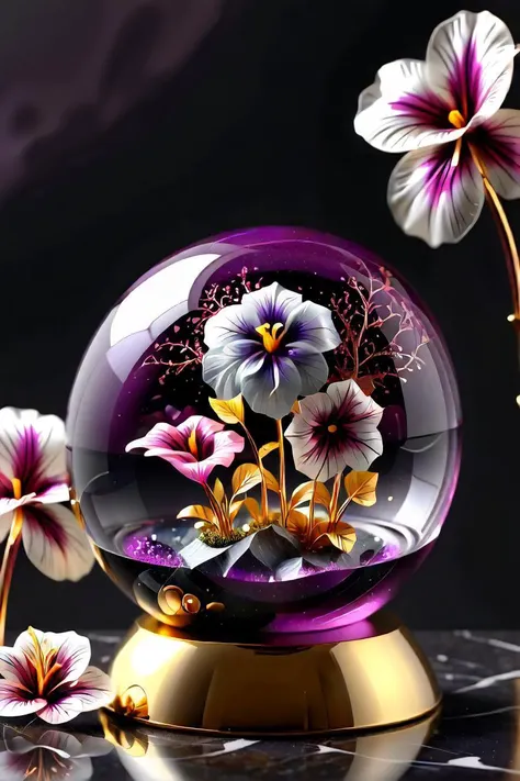 purple flower in a glass ball with a gold base, realistic glass sculpture, flowers inside of a marble, surreal waiizi flowers, glass ball, crystal ball, resin miniature, high quality 3d realistic, photorealistic 3d artwork, beautiful glass work, violet planet, glass sphere, beautiful flowers and crystals, very realistic gemstones, photorealistic 3d art