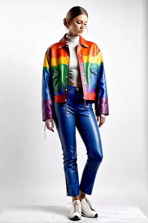 the mannequin, adorned in a rainbow colored leather jacket and blue pants, stands against a stark white background. the vibrant colors of the jacket contrast sharply with the minimalistic setting. this juxtaposition mirrors the inner struggle of a person who embodies both courage and cowardice. courage is represented by the rainbow jacket, symbolizing their ability to embrace diversity and face challenges head on. the blue pants further accentuate this strength, portraying an unwavering determination that can withstand any adversity. simultaneously, the cowardice is subtly hinted at through the white background. the absence of additional elements or distractions could imply the fear of being judged or misunderstood. despite their colorful exterior, the mannequin may still feel vulnerable and unsure about expressing themselves fully. this scene invites viewers to ponder the delicate balance between courage and cowardice within each individual, reminding us that everyone carries a mix of these traits.