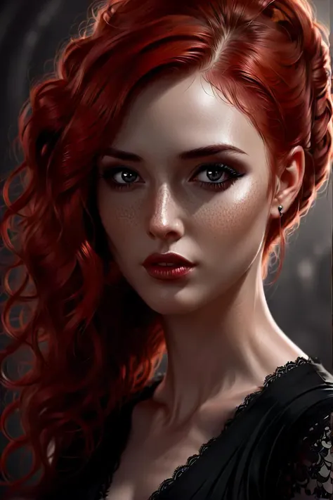 a close up of a woman with red hair wearing a black dress, a character portrait inspired by charlie bowater, cgsociety contest winner, gothic art, gothic royalty portrait, elegant victorian vampire, dark pin up style hair