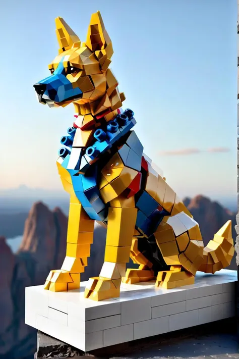 araffe dog made out of legos sitting on a ledge, a low poly render inspired by filip hodas, featured on polycount, furry art, isometric 3d fantasy dog, low poly art, high quality lowpoly art