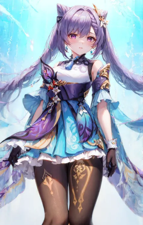 1girl, from_below, pantyhose, keqing (piercing thunderbolt) (genshin impact), keqing (genshin impact), black_pantyhose, hair bun, purple hair, gloves, twintails, long hair, purple eyes, diamond-shaped pupils, bare shoulders, hair ornament, black pantyhose, cone hair bun, detached sleeves,dress, jewelry, medium breasts, earrings, bangs, frills, purple dress, black gloves, braid, skirt,<lora:keqingGenshinImpact3in1_v10:1><lora:style_GZC:1>