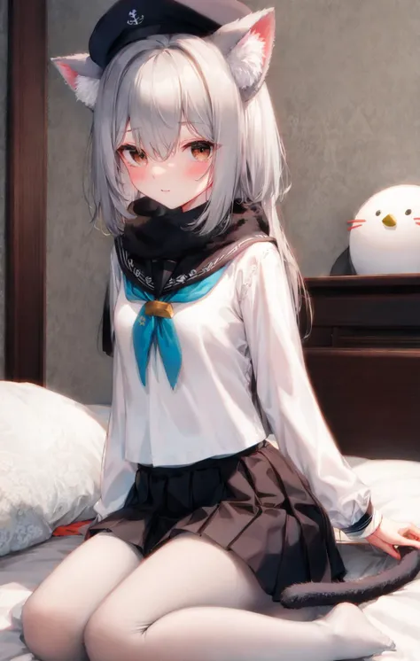 1girl, alarm_clock, animal, animal_ear_fluff, animal_ears, bangs, bed, bed_sheet, bird, black_sailor_collar, black_skirt, blush, brown_eyes, cat, cat_ears, clock, closed_mouth, curtains, eyebrows_visible_through_hair, grey_hair, hair_between_eyes, hat, indoors, long_sleeves, looking_at_viewer, mouse, no_shoes, on_bed, pantyhose, pillow, pillow_hug, pleated_skirt, sailor_collar, scarf, school_uniform, serafuku, shirt, silver_hair, sitting, sitting_on_bed, skirt, snowman, solo, stuffed_animal, stuffed_cat, stuffed_penguin, stuffed_toy, tail, wariza, white_legwear, white_shirt, yes-no_pillow<lora:style_GZC:1>