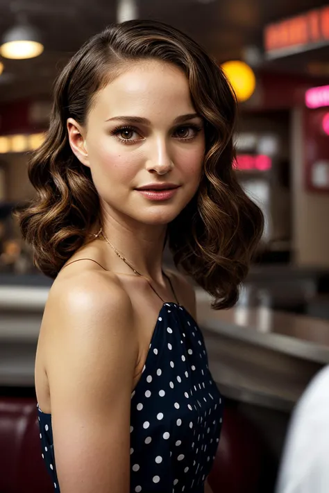 NatalieP_SoloTI_v1, PA7_Portrait-MCU,(happy, smile), a beautiful woman, (Rocking a figure-hugging retro dress with polka dot prints and a sweetheart neckline, paired with classic red pumps and a playful hair scarf), (Strutting through a nostalgic 1950s diner, with jukebox tunes filling the air and the aroma of sizzling burgers wafting from the kitchen, where every booth tells a story of retro charm and timeless allure: 1.3), photorealistic, masterpiece, high quality, artistic, unique, award winning photograph, professional, 8k, RAW photo, best quality,flattering, <lora:add_detail:0.6>,<lora:LowRa:0.2>