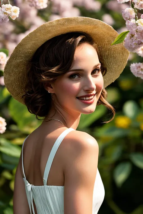 NatalieP_SoloTI_v1,(happy,smile), (Wearing a flowing floral sundress with a wide-brimmed straw hat and delicate sandals adorned with flower accents, accessorized with a woven basket filled with freshly picked flowers), (Roaming through a picturesque flower garden, with colorful blooms swaying in the gentle breeze and the sweet fragrance of blossoms perfuming the air, where every pathway leads to a new burst of floral beauty: 1.3), (seductive), photorealistic, masterpiece, high quality, artistic, unique, award winning photograph, professional, 8k, RAW photo, best quality,flattering, (cinematic:1.3) shallow DOF, depth of field,sharp focus, <lora:add_detail:0.5>, <lora:LowRa:0.1> PA7_Portrait-MCU