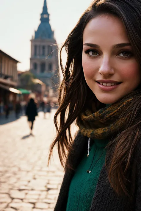 NatalieP_SoloTI_v1,(happy,smile), Wrapped in Wanderlust (comfortable travel attire), (captivating street in a foreign city:1.1), (explorative close-up amidst the journey), adventurous and free-spirited charm, (soft sunlight illuminating unfamiliar streets), artistically captured photography, 35mm, natural and vibrant ambient light, worldly and lively hues, authentically detailed, (High Detail:1.1), Adventurously focused, explorative, dynamic and vibrant lighting, (curious demeanor in the frame), (wandering gaze details), diverse textures, nomadic, ((wandering traveler's allure)), vibrant tones, cultural details, free-spirited charm, natural contrasts, <lora:add_detail:0.5>, <lora:LowRa:0>,PA7_Portrait-MCU