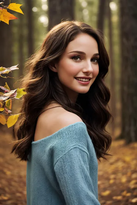 NatalieP_SoloTI_v1,(happy,smile), (A whimsical and enchanting style inspired by the magic of autumn, Wearing a cozy sweater with embroidered woodland creatures, paired with a flowing skirt and knee-high boots:1.1), ((In a picturesque forest, with golden leaves falling and a gentle mist floating in the air, as fairytales come to life and imagination dances with the colors of the season:1.2)), (seductive), photorealistic, masterpiece, high quality, artistic, unique, award winning photograph, professional, 8k, RAW photo, best quality,flattering, (cinematic:1.3) shallow DOF, depth of field,sharp focus, <lora:add_detail:0.5>, <lora:LowRa:0.2>,PA7_Portrait-MCU