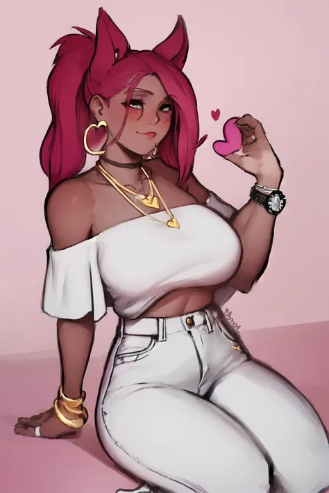 (masterpiece, best quality), solo, 1girl, female, arbuzbudesh, medium , pink off-shoulder top, high-waisted jeans, white sneakers, heart-shaped pendant necklace, hair in a ponytail, hoop earrings, wristwatch