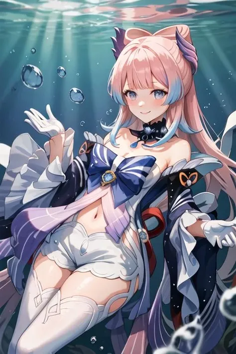 best quality, masterpiece, highres, solo, {sangonomiya_kokomi_genshin:1.15}, bangs, long_hair, pink_hair, multicolored_hair, bow-shaped_hair, purple_eyes, blunt_bangs, hair_ornament, bow, blush, smile, blue_hair, breasts, gradient_hair, blue_eyes, 1girl, fish, frilled_sleeves, gloves, short_shorts, shorts, thighhighs, underwater, vision_\(genshin_impact\), white_gloves, wide_sleeves, bare_shoulders, bowtie, frills, white_shorts, white_thighhighs, bubble, half_gloves, looking_at_viewer, navel, sidelocks, detached_sleeves, long_sleeves