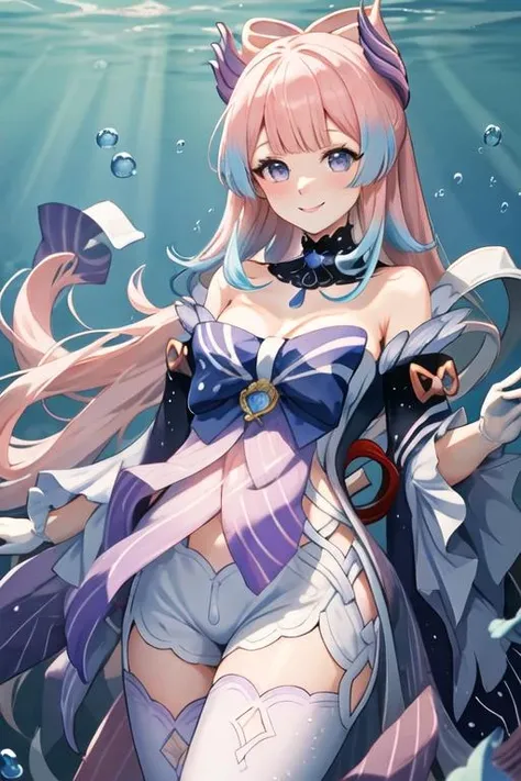best quality, masterpiece, highres, solo, {sangonomiya_kokomi_genshin:1.15}, bangs, long_hair, pink_hair, multicolored_hair, bow-shaped_hair, purple_eyes, blunt_bangs, hair_ornament, bow, blush, smile, blue_hair, breasts, gradient_hair, blue_eyes, 1girl, bare_shoulders, fish, looking_at_viewer, underwater, white_gloves, gloves, sidelocks