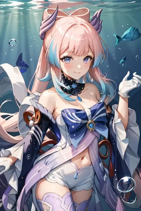 Anime girl with pink hair and blue dress in front of fish, queen of the sea mu yanling, trending on cgstation, beautiful and seductive anime woman, pink twintail hair and cyan eyes, Beautiful anime girl, Smooth anime CG art, Beautiful anime woman, beautiful fantasy anime, goddess of the sea, 3 d anime realistic, Anime girl in real life