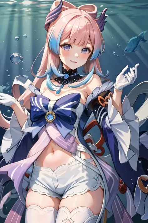 NSFW,sangonomiya_kokomi_genshin,bangs、Long Hair、Pink Hair、Multicolored Hair、bow状の髪、Purple Eyes、鈍いbangs、hair ornaments、bow、blush、smile、Blue Hair、chest、Gradient Hair、blue eyes,(Perfect hands),(Perfect Anatomy),(masterpiece),(highest quality),Embarrassed,blush,(Sexually aroused face:1.5),Leg spread