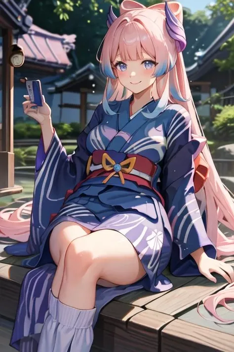 best quality, masterpiece, highres, solo, {yukata:1.40}, {kimono:1.20}, {sangonomiya_kokomi_genshin:1.15}, bangs, long_hair, pink_hair, multicolored_hair, bow-shaped_hair, purple_eyes, blunt_bangs, hair_ornament, bow, blush, smile, blue_hair, breasts, gradient_hair, blue_eyes