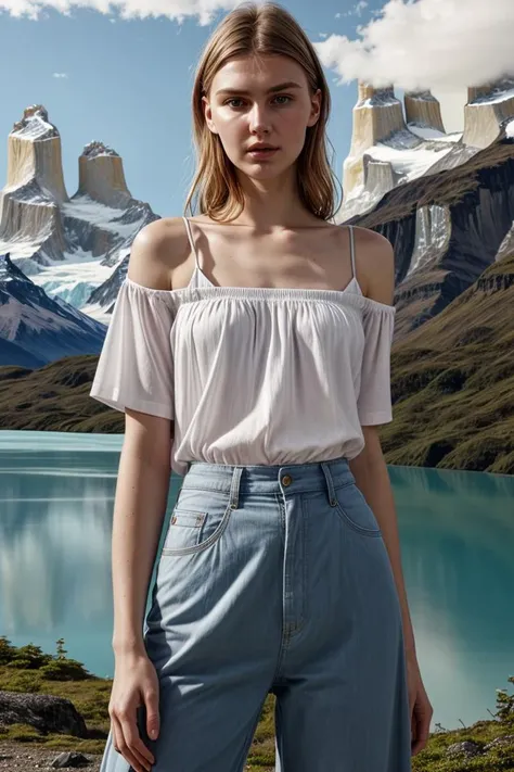 <lora:kawaii7.1.3_obj20:0.75:0.25>, European woman, closeup, sandals, (shirt), pants, (Torres del Paine), ZM_aimee, wide shoulders, perfect face, (contact iris: 1.1), pale skin, skin pores , depth of field