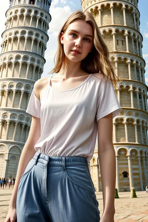 <lora:kawaii7.1.3_obj20:0.75:0.25>, European woman, closeup, sandals, (shirt), pants, (leaning tower of pisa), ZM_aimee, wide shoulders, perfect face, (contact iris: 1.1), pale skin, skin pores , depth of field