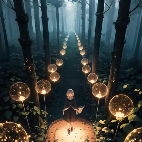 A candid photo of a woman, her body dissolving into a swarm of luminous fireflies. She's in a dense forest, the natural environment adding to the magical atmosphere. She's captured standing still, the fireflies flying off her body. The photo frames her full body against the backdrop of the lush forest. The scene is lit by the warm glow of the fireflies, casting a soft light. The shot is taken from a slightly high angle, which adds to the ethereal atmosphere. The image has the sharp clarity of a photo shot with a 35mm lens, reminiscent of a contemporary fantasy photographer, (details:1.3),(masterpiece:1.3), bird eye view, top view