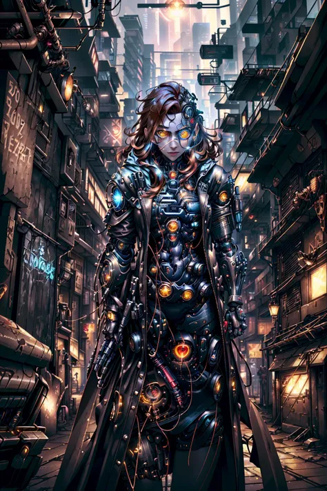 movie poster style, medium shot, (redhead 20 year old woman:1.4), (one cyborg eye:1.6), perfect face, leather trenchcoat, white croptop, leather shorts, standing in neon cyberpunk alley, dynamic background lighting effects, (8k, RAW photo, best quality, ultra high res:1.2),  <lora:CyberpunkStyle_punkai_V1:1> <lora:detailed_eye-10:1>