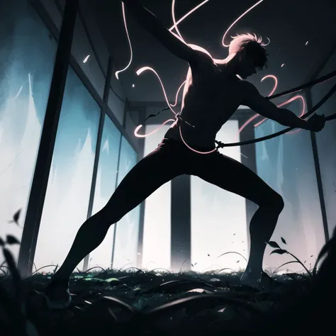 An artistic photo of a (man:1.3), his body intertwining with spectral, neon vines. He's in a pitch-black room, the vines acting as the sole source of light. He's captured in a dynamic pose, as if battling the vines. The photo frames his full body against the backdrop of the dark room. The scene is lit by the eerie glow of the neon vines, creating stark contrasts. The shot is taken straight-on, capturing the struggle. The image has the soft focus effect of a photo shot with a 50mm lens, reminiscent of a contemporary surrealism photographer, (details:1.3),(masterpiece:1.3)