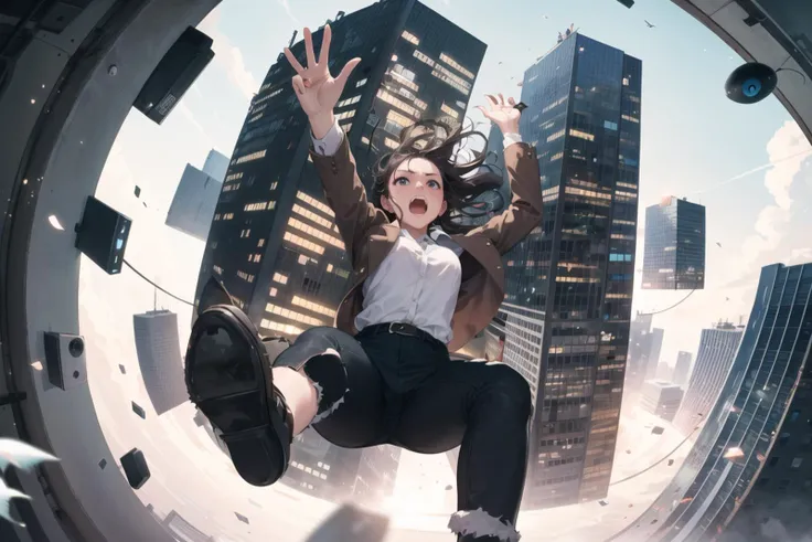 A (candid) photo of a woman, falling down the sky, (city,buildings:1.3),fish eye view, fish eye lens, FOV, scared, (Details:1.3),(masterpiece:1.3)