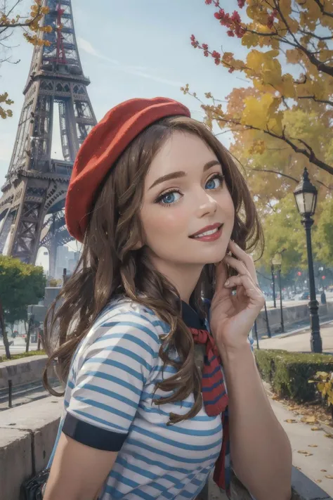 masterpiece, highres, raw, instagram, <lora:frenchgirlstyle:0.95>, 1girl, woman, frenchgirlstyle, (paris:0.9), eiffel, blue striped, detailled eyes, perfect skin, trees, park, smile, upper body,