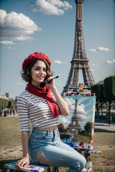 (realistic:1.3), finely detailed, quality, rembrandt lighting, (masterpiece:1.2), (photorealistic:1.2), (best quality), (detailed skin:1.3), (intricate details), dramatic, ray tracing, 1girl, french girl, 21 years old, detailed skin texture, (blush:0.5), (goosebumps:0.5), subsurface scattering, smiling, medium breasts, medium hair curls, swept bangs, frenchgirlstyle, (blue striped shirt:1.1), red hat, red neck scarf, jeans, (bright sunny day, champ de mars, eiffel tower, sky, clouds, grass, (sitting on grass, easel, canvas, painting, holding brush:1.2)), <lora:frenchgirlstyle:0.75>