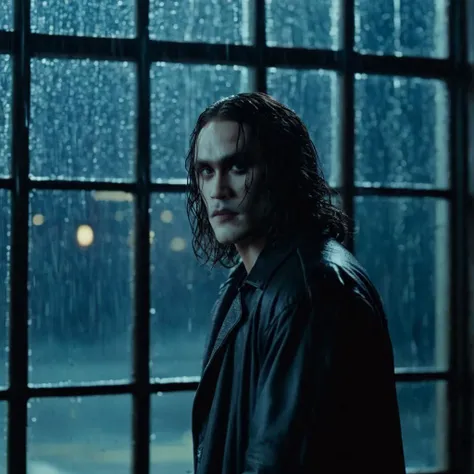 cinematic film still of <lora:Eric Draven The Crow Movie:1.2>
Eric Draven The Crow Movie a man standing in the shadows behind a broken window in a rainy day at night, shallow depth of field, vignette, highly detailed, high budget, bokeh, cinemascope, moody, epic, gorgeous, film grain, grainy