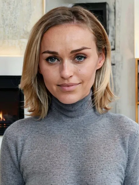 photo of a playful cute skinny slutty blonde horny mature submissive wife with big bulging beautiful eyes, very short hair, She wears: (turtleneck high ribbed tight dark brown sweater:1.1), submissive seductive pose, high tight ribbed neck, seductive smile, perfect fake tits, turtleneck top, side view 