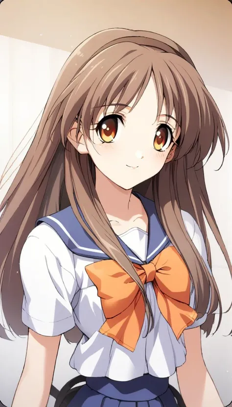 1girl,ayaka,short sleeves sumisora uniform,orange bow,blue pleated skirt,masterpiece,best quality,solo,very aesthetic,absurdres,game cg,simple background,white background,cowboy shot,upper body,close up,looking at viewer,(illustration:1.2),(extremely fine and beautiful),(perfect details),(unity CG 8K wallpaper:1.05),(ray tracing),(beautiful and clear background:1.25),(depth of field:0.6),(beautiful face:1.2),<lora:MemoriesOffDuetAIOXL-000006:0.8>,smile,