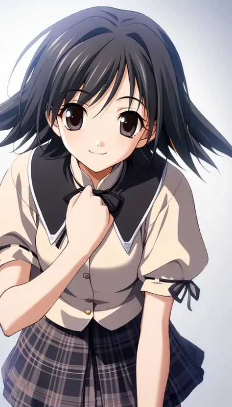1girl,tomoe,short sleeves hamasaki uniform,beige shirt,blue plaid skirt,masterpiece,best quality,solo,very aesthetic,absurdres,game cg,simple background,white background,cowboy shot,upper body,close up,looking at viewer,smile,(illustration:1.2),(extremely fine and beautiful),(perfect details),(unity CG 8K wallpaper:1.05),(ray tracing),(beautiful and clear background:1.25),(depth of field:0.6),(beautiful face:1.2),<lora:MemoriesOffDuetAIOXL-000006:0.8>,