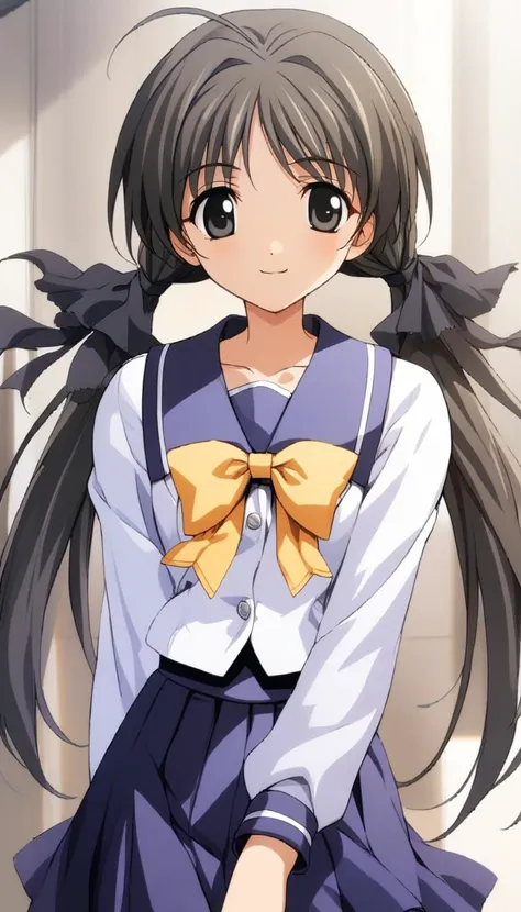 1girl,hotaru,long sleeves sumisora uniform,yellow bow,blue pleated skirt,masterpiece,best quality,solo,very aesthetic,absurdres,game cg,simple background,white background,cowboy shot,upper body,close up,looking at viewer,(illustration:1.2),(extremely fine and beautiful),(perfect details),(unity CG 8K wallpaper:1.05),(ray tracing),(beautiful and clear background:1.25),(depth of field:0.6),(beautiful face:1.2),<lora:MemoriesOffDuetAIOXL-000006:0.8>,smile,