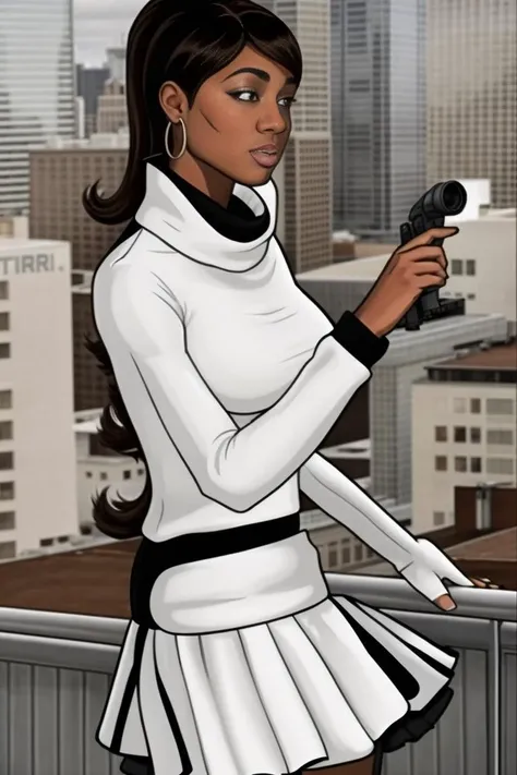 <lora:lanaKaneArcher_v10:0.8>,black female spy lana standing on a rooftop,white sweater and skirt,